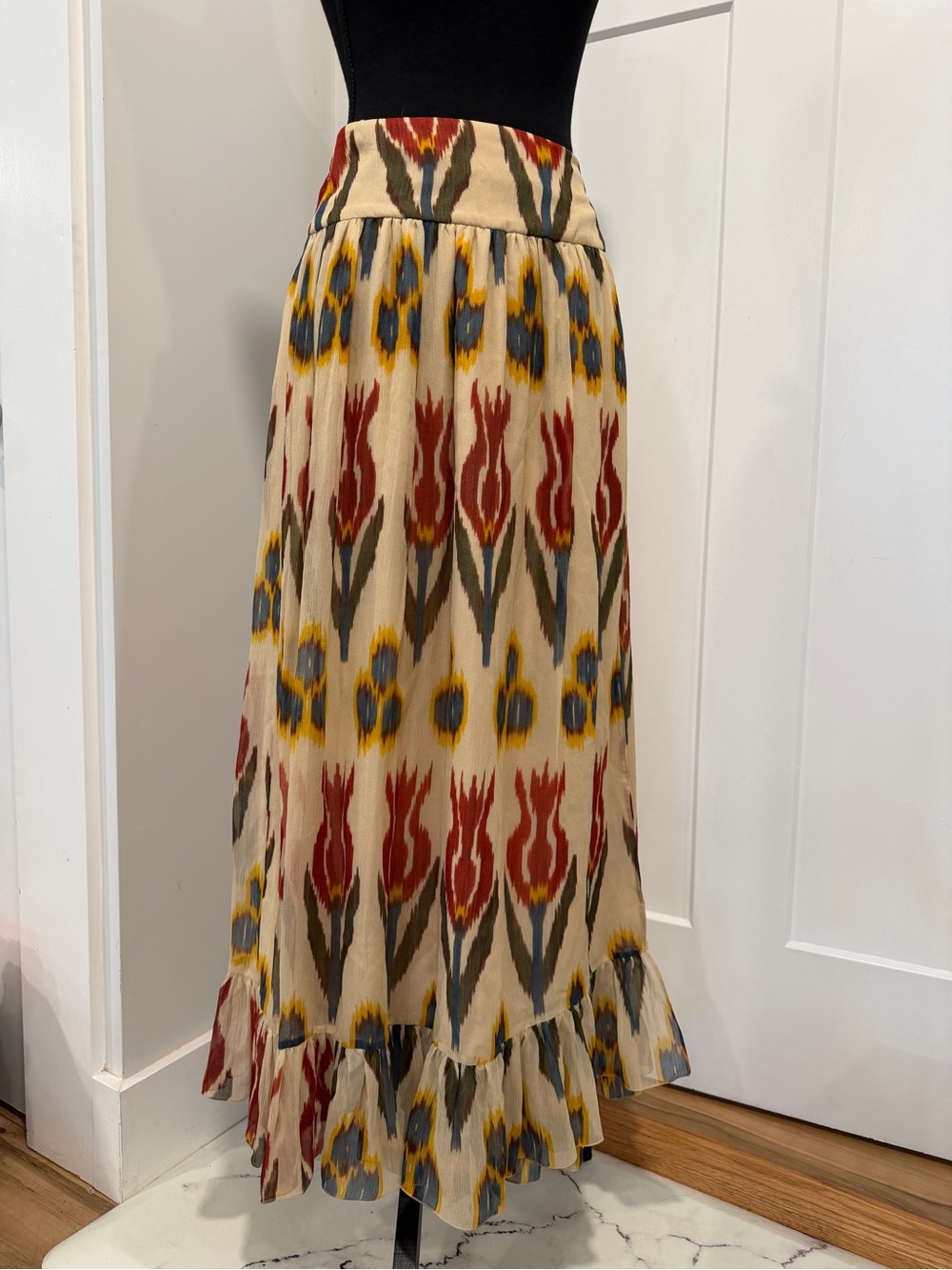 RED Valentino Beige Maxi Skirt with Red, Blue and Yellow Ikat Print